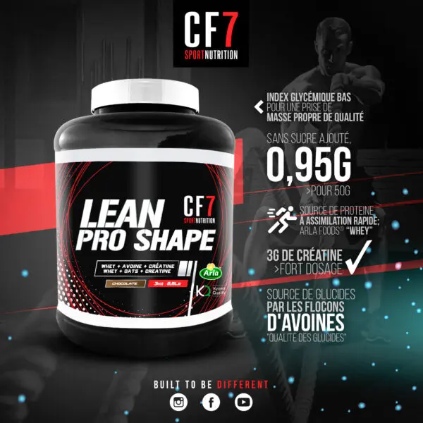 Lean Pro Shape 3Kg – Gainer à Indice Glycémique Bas – Whey + Avoine + Créatine – CF7