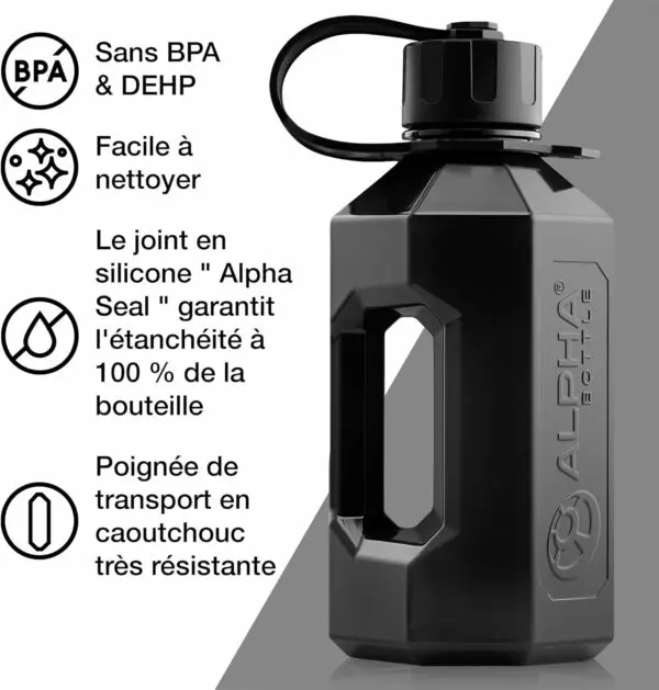 Gourde Alpha Bottle XXL – 2,4L – Smoke Black – Alpha Designs