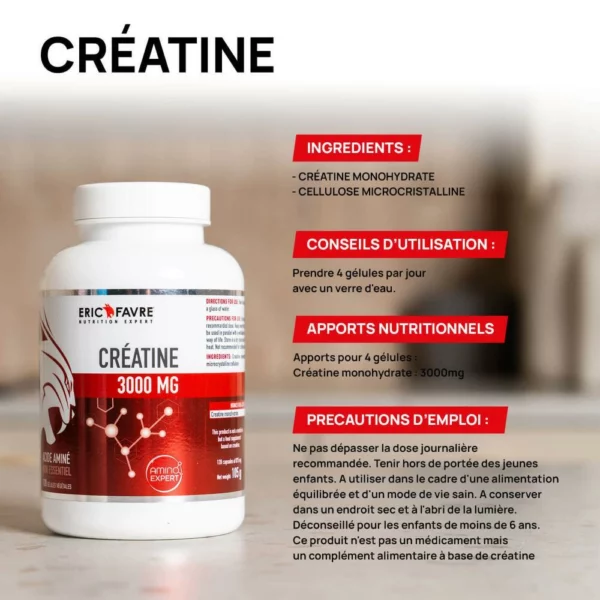 Créatine Monohydrate 3000mg – 120 Gélules – Eric Favre